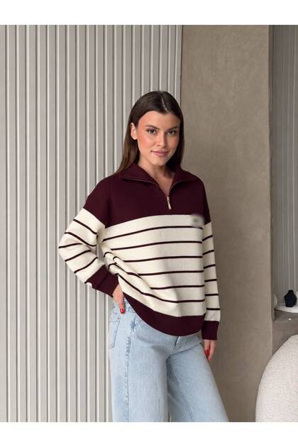 Pulover oversize din tricotaj cu dungi roșii Claret, cu jumătate de fermoar, marca Lcs
