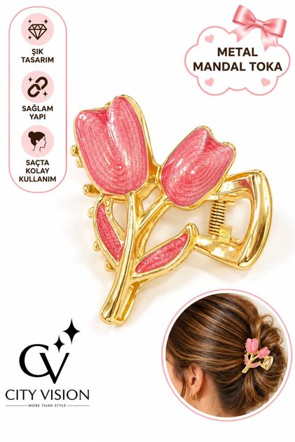 Double Tulip Model Pink Color Metal Hair Clip - Large Size