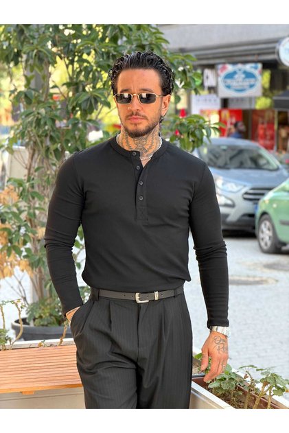 Giesto Collared Buttoned Modal Sweatshirt Black