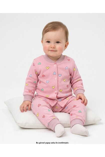Baby Girl 6-9-12-18-24 Months Heart Printed Snap Fastener Seasonal 100% Cotton Nightgown Top and Bottom Pajama Set