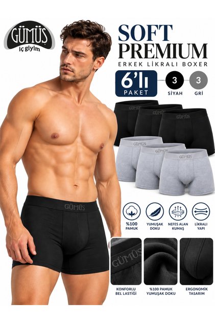 Gümüş Soft Premium Erkek Likralı Boxer 6’lı Paket Siyah Gri %95 Pamuk Yumuşak Doku Nefes Alan