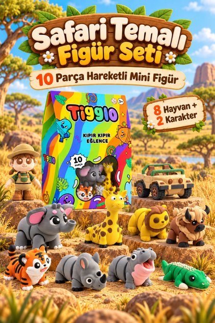 Tigglo Safari Hayvanları 10'lu Hareketli Mini Figür Oyuncak Seti