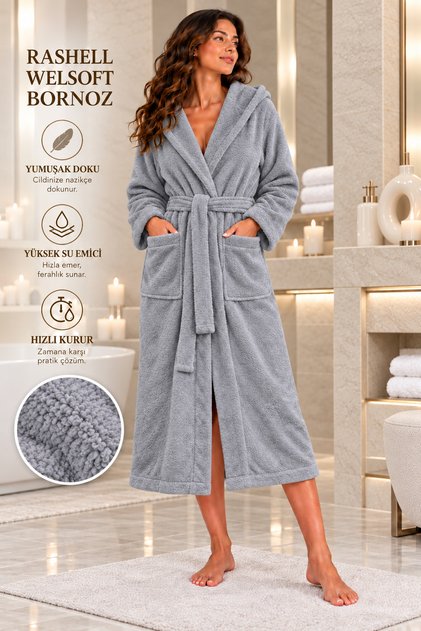 Bornoz Kapşonlu Rashell Welsoft Düz Unisex Yumuşacık Peluş Dokulu Kuşaklı Cepli Kadın Erkek Banyo