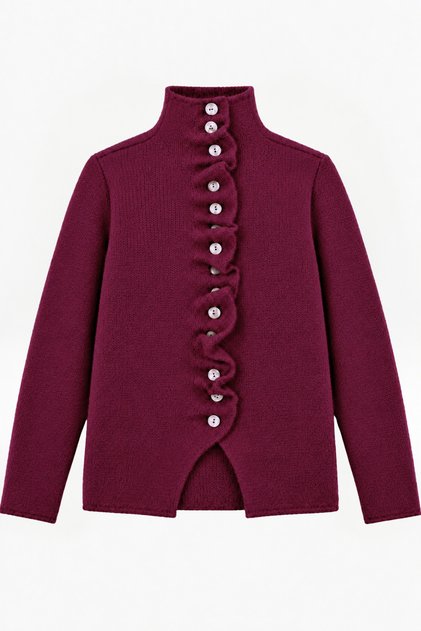 Women's Burgundy Stand Collar Ruffle Detailed Buttoned Knitwear Cardigan