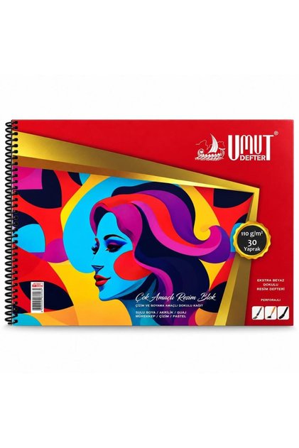 U-Deep 25x35 Spiralli Ekstra Beyaz Dokulu Resim Defteri Karton Kapak 30 Yp.