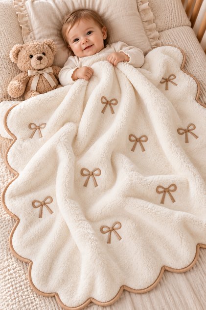 Welsoft Bebek Battaniyesi Nakışlı, Dalgalı Kenarlı, Yumuşak Peluş, Yenidoğan Bebek Örtüsü 90x90 cm