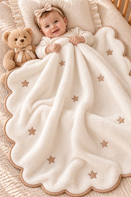 Welsoft Bebek Battaniyesi Nakışlı, Dalgalı Kenarlı, Yumuşak Peluş, Yenidoğan Bebek Örtüsü 90x90 cm