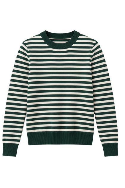 Women's Ecru Green Striped Crew Neck Soft Textured Sweater