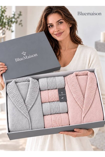 Valenty Waffle Jacquard Boxed Bathrobe Set 6 Pieces | Dowry Chest | Boxed | Bathrobe | Hair Towel | Bath Towel