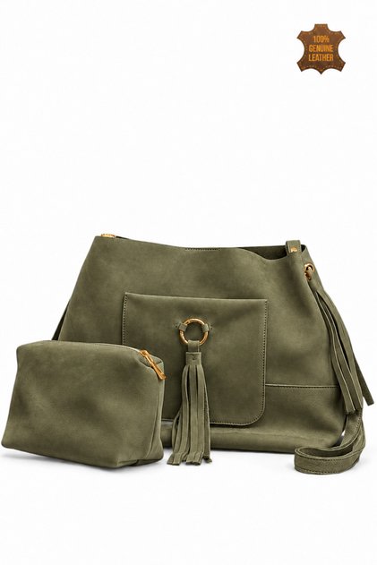 Marilla 100% Genuine Nubuck Loose-fitting, Soft Leather Tasseled Elegant Design Shoulder and Crossbody Bag
