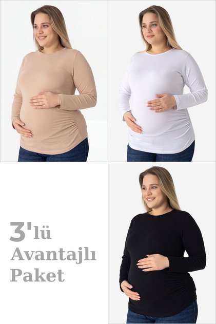 Uzun Kollu Hamile Tişört Pamuklu Likralı Yumuşak ve Esnek Kumaş 3'lü Paket