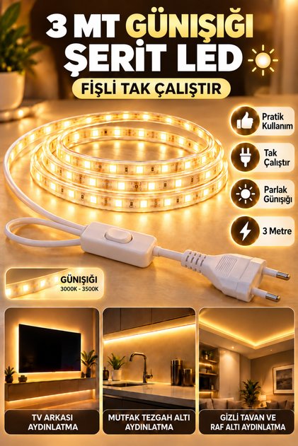 3 MT GÜNIŞIĞI ŞERİT LED TEZGAH ALTI AYNA KENARI TAK ÇALIŞTIR SİLİKONLU MOTOR İSTEMEZ anahtarlı