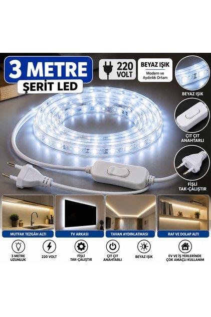 3 METRE BEYAZ ŞERİT LED MOTOR İSTEMEZ SU GEÇİRMEZ TAK ÇALIŞTIR ANAHTARLI 220 v