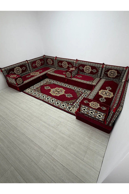 Güneş Modeli Bordo Otantik Şark Köşesi Takımı – Geleneksel Yer Minderi Seti (20 Cm Minder Kalınlığı) 15 Parça