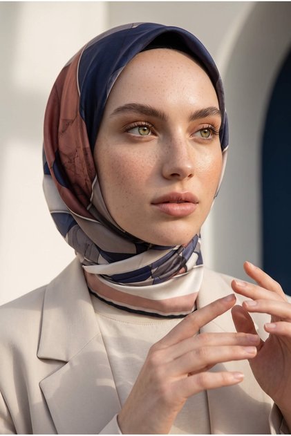Rayon Geometrik Mermer Desenli Pudra Renkli 90x90 Eşarp (İpek İçermez) Kenar Dikiş Şekli El Dikişli