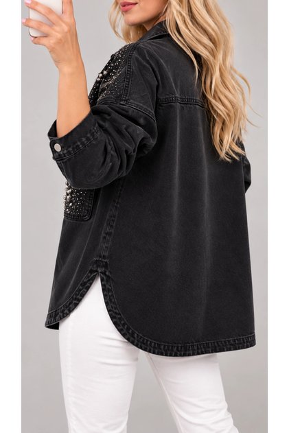 Kadın Siyah Omuz ve Cep Taş İşlemeli Düğmeli Bohem Pinterest Oversize Kot Ceket