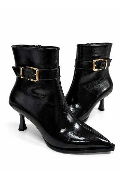 Women's Shiny Patent Leather Look Gold Buckle Elegant Pointed Toe Heeled Boots