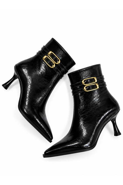 Women's Shiny Patent Leather Double Gold Buckle Pointed Toe Thin Heel Zippered Boots
