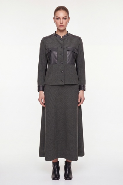 Women's Black Winter Pocketed Leather Detailed Belted Houndstooth Patterned Jacket-Skirt Set