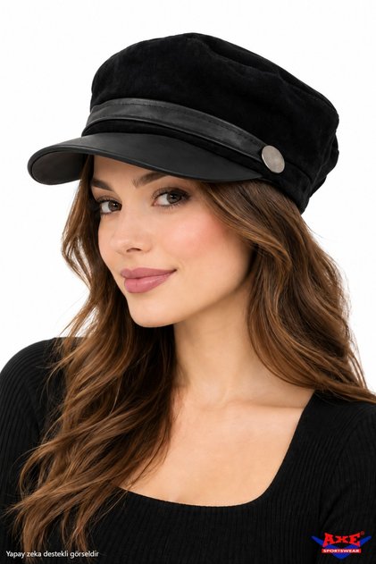 Black Suede Captain's Cap Hat Autumn Winter Faux Leather Detailed Brimmed Elastic Back Brimmed Painter's Sailor Hat