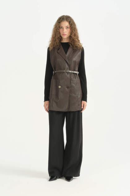 Torba Cepli Hafif Dar Blazer Yelek - Kahve