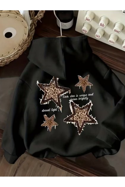 Unisex Men'S/Women's Leopard Chain Star Back Printed Premium Hooded 2-Thread Oversize Sweatshirt