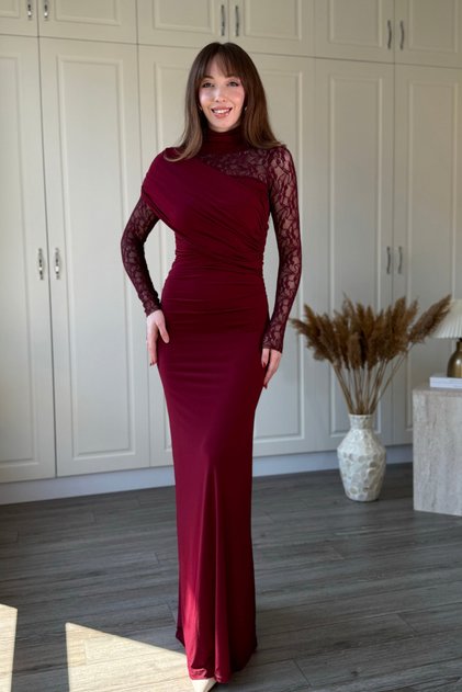 Shoulder Detailed Lace Sandy Fabric Maxi Burgundy Dress
