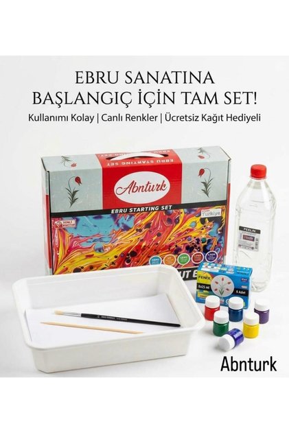 Ebru Başlangıç Seti Ebru Fırçası Teknesi 6 Renk Ebru Boyası 1 Litre Ebru hammaddesi 10 Adet Ebru Kağıdı Kullanımı Kolay Pratik Tam Set