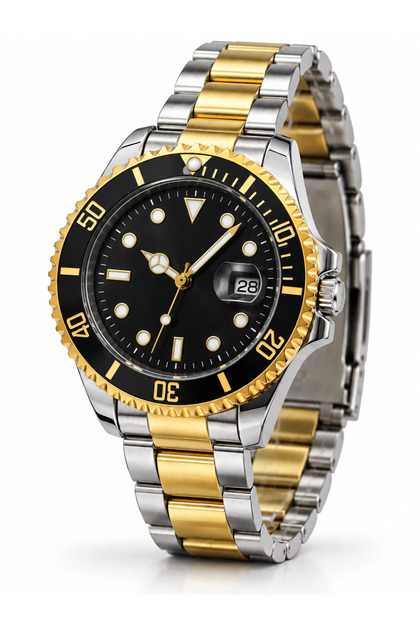 Men's Wristwatch Black Dial Rotating Bezel Silver Gold Dual Color Steel Band Quartz with Calendar 3 Atm