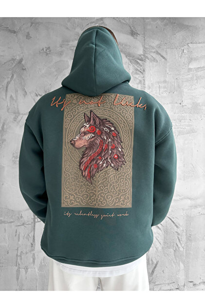 Green Hooded Oversize Premium Wolf Embroidered Sweatshirt