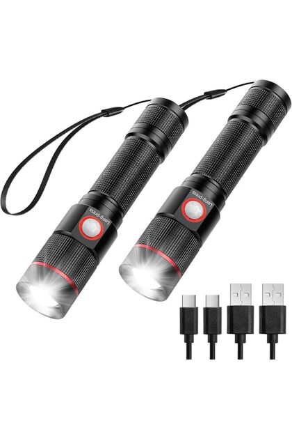 Rechargeable Torch, 2 Pack Super Bright LED Flashlight, 150m Beam, IPX4 Waterproof, 5 Modes, A