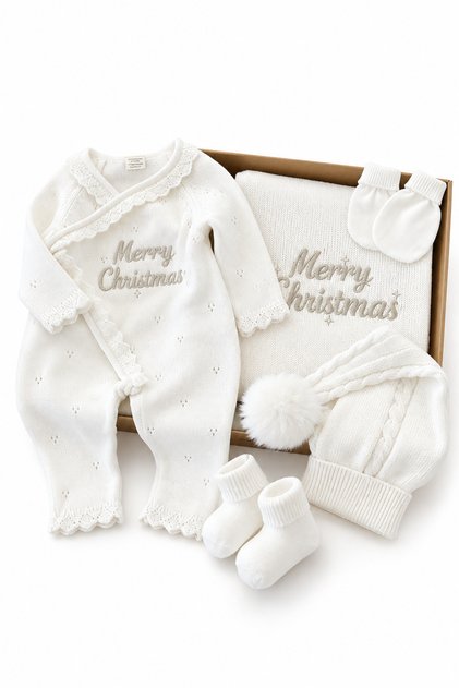 100% Cotton White Christmas Knitted Baby Hospital Discharge Set 0-3 Months Merry Christmas Embroidered Double-Breasted Jumpsuit Blanket Hat Gloves Socks Boxed Newborn Gift Set