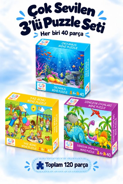 Çok Sevilen 3’lü Puzzle Seti 3 - 7 Yaş Puzzle Seti Her Biri 40 Parça Çocuk Puzzle ve Yapboz
