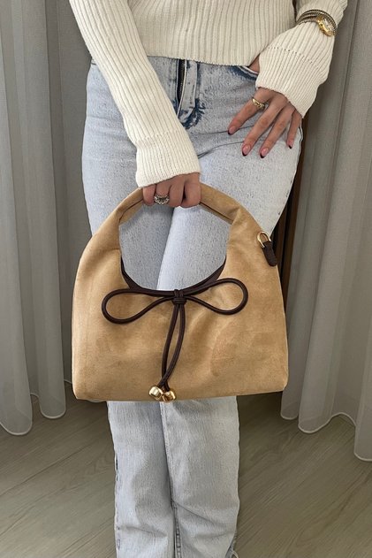 Women's Camel Suede Look Stylish Hand and Shoulder Bag with Bow Detail and Gold Accessories