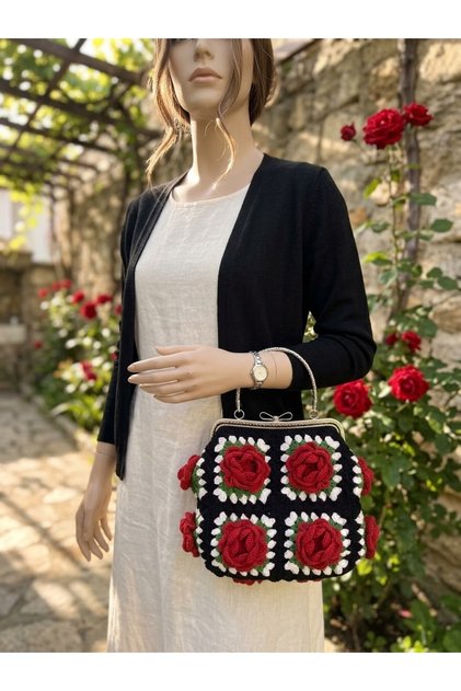 Hand-Knitted Women's Handbag with Rose Details