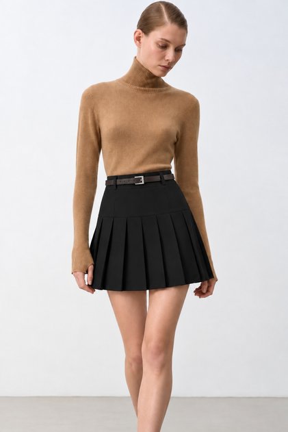 Belted Pleated Mini Skirt