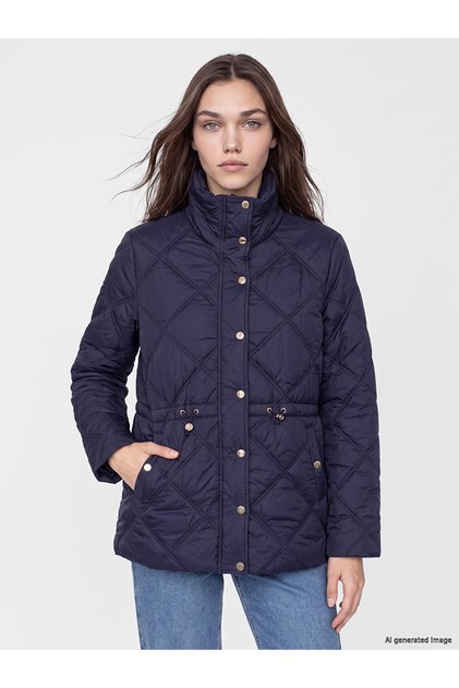 Nevavm Lcw Modest Navy Blue Stand Collar Quilted Women's Puffer Coat with a Difference