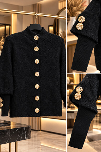 🌟 Kadın Gold Düğmeli Dik Yaka Sakallı Triko Hırka – 65 CM 🌟