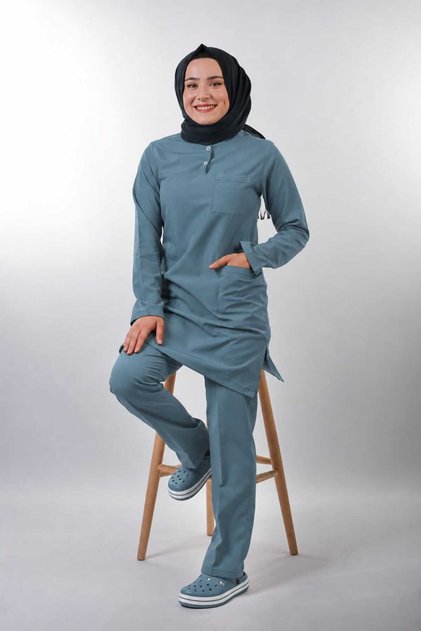 (Soft) Tesettür Sea Green Lycra Women's Medical Uniform Doctor and Nurse Uniform Scrubs Surgical Suit