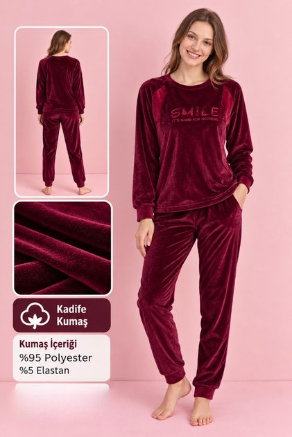 Kadın KIŞLIK Fransız Kadife Bisiklet Yaka Uzun Kol Pijama Takımı 03092- 1 Adet