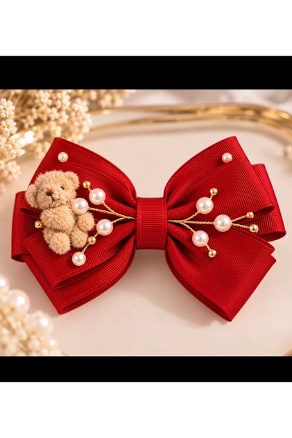 Red Plush Teddy Bear Pearl Detailed Bow Hair Clip 🎀 🐻