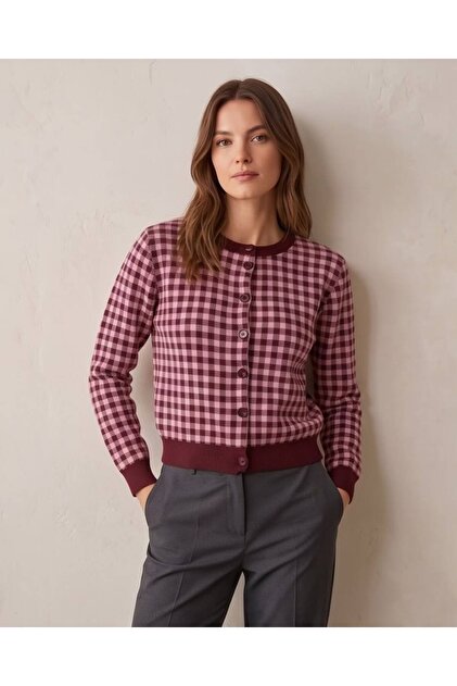 Women's Plaid Patterned Buttoned Knitwear Cardigan