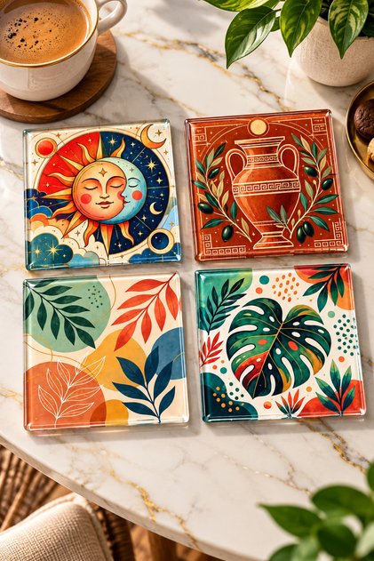 Glass Coaster | Sun, Moon and Botanical Themed | 4-Piece Set | 10cm X 10cm