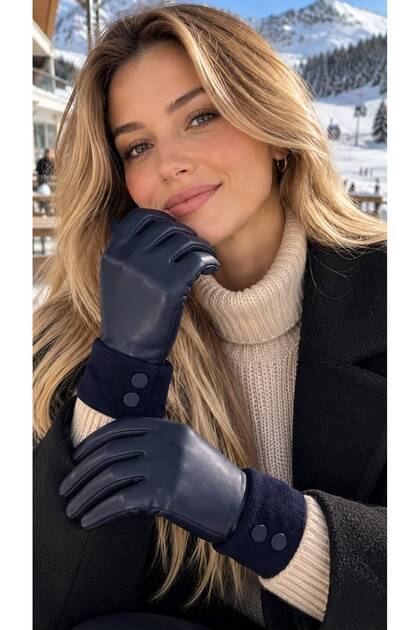 Navy Blue Faux Leather Women's Gloves with Snap Detail