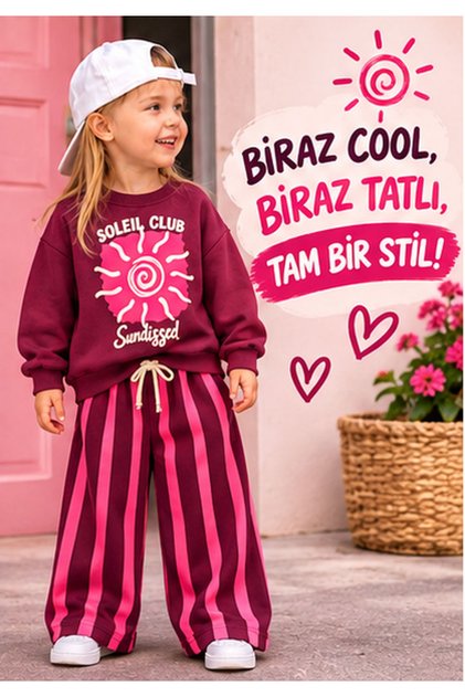 Kız Çocuk Bordo Sweatshirt Pembe Çizgili Geniş Paça Alt Üst Takım