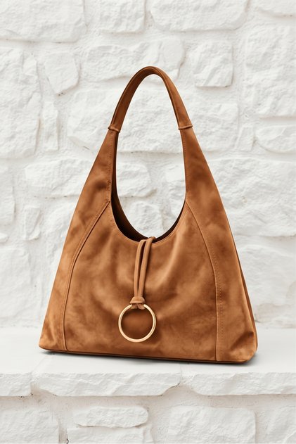 Suede Casual Model Ring Charm Zippered Women's Shoulder Bag Brown