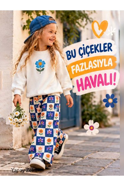 Kız Çocuk Mavi Çiçek Nakışlı Sweatshirt ve Çok Renkli Kareli Pantolon İkili Takım