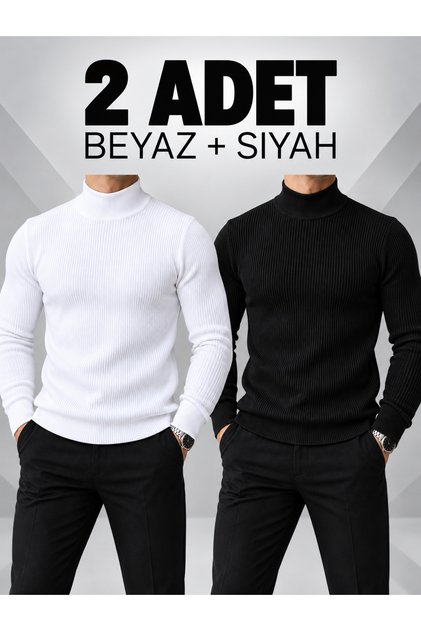 Alb și Negru [2 bucăți] Pulover tricotat pentru bărbați, slim fit, cu guler semi-înalt, din tricot subțire
