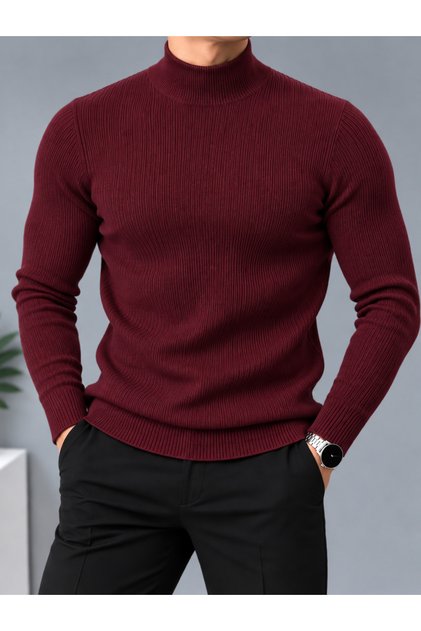 Burgundy Slim Fit Thin Ribbed Half Turtleneck Men's Knitwear Sweater
