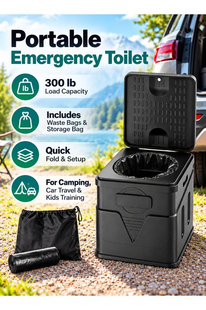 Portable Toilet Seat for Emergency Camping Toilet Use with Waste Bags and Carry Bag for Car Travel